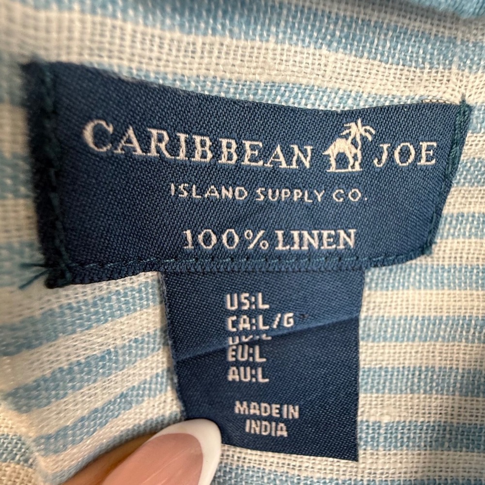 Caribbean Joe Mens Large Blue White Striped 100% Linen Shirt nautical resort - Picture 2 of 6